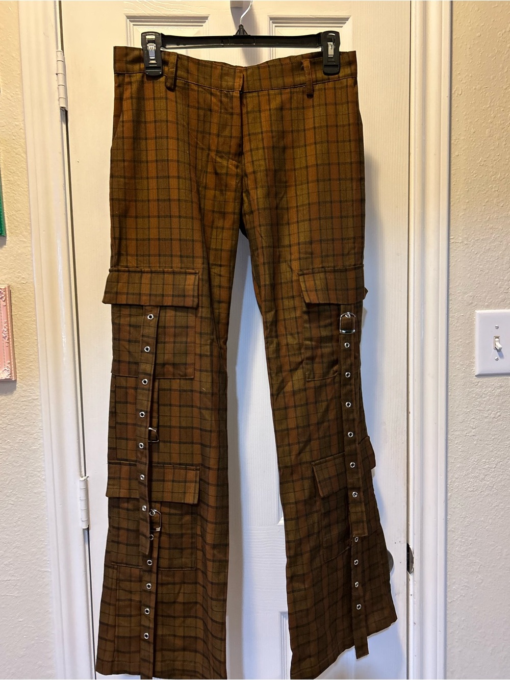 The Ragged Priest Brown Plaid Flared Cargo Pants